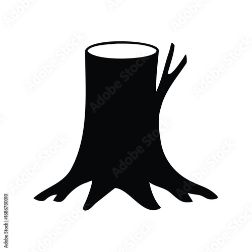 Isolated silhouette of a tree stump with small branch against white background