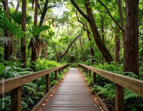Wooden Walkway Through Lush Green Forest
