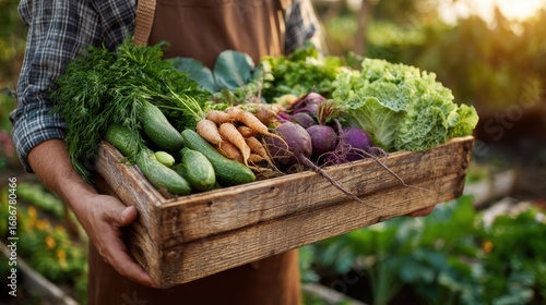 farmer holding wooden box full of fresh vegetables. harvesting season. basket with vegetables in the hands of a farmer background, healthy, organic, food, agriculture