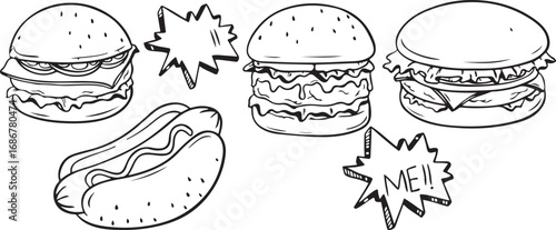 Burger Fast Food Illustration Set – Snack, Meal, Lunch, Dinner, Cheese, Sandwich, Junk Food, Restaurant, Takeaway, American Food, Grill, Taste, Street Food, Delicious, Classic, Buns, Patty, Food Icon