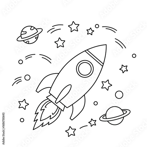 Whimsical hand drawn outline of a rocket ship blasting off into a starry outer space with planets