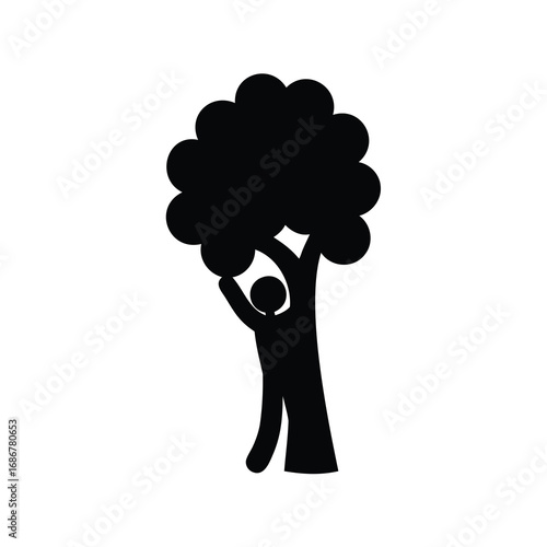 Silhouette of a person reaching for something high up in a tree