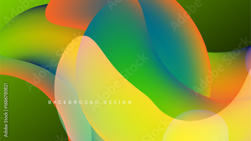 Abstract colorful shapes overlap, creating vibrant gradients. Background is dark, design feels fluid, modern.