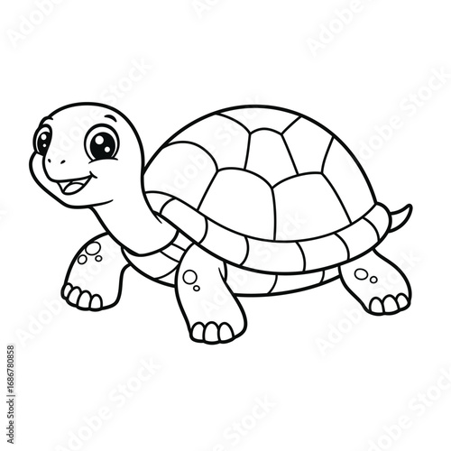 Cute cartoon baby turtle with a happy smiling face and detailed shell for coloring