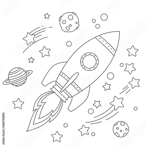 Whimsical hand drawn rocket ship blasting off into a starry galaxy with planets and comets