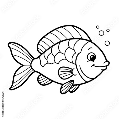 Cute cartoon goldfish with bubbles swimming underwater in a simple line drawing style
