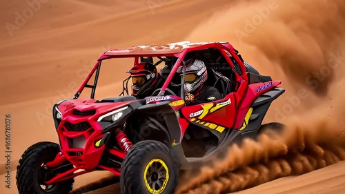 Red Dune Buggy Kicking Up Sand in the Desert.