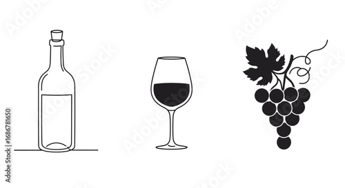 Simple line art illustration of a wine bottle wine glass and grapes on a white background