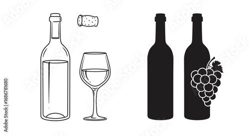 Elegant hand drawn sketch of wine bottles a wine glass and a bunch of grapes on a white background