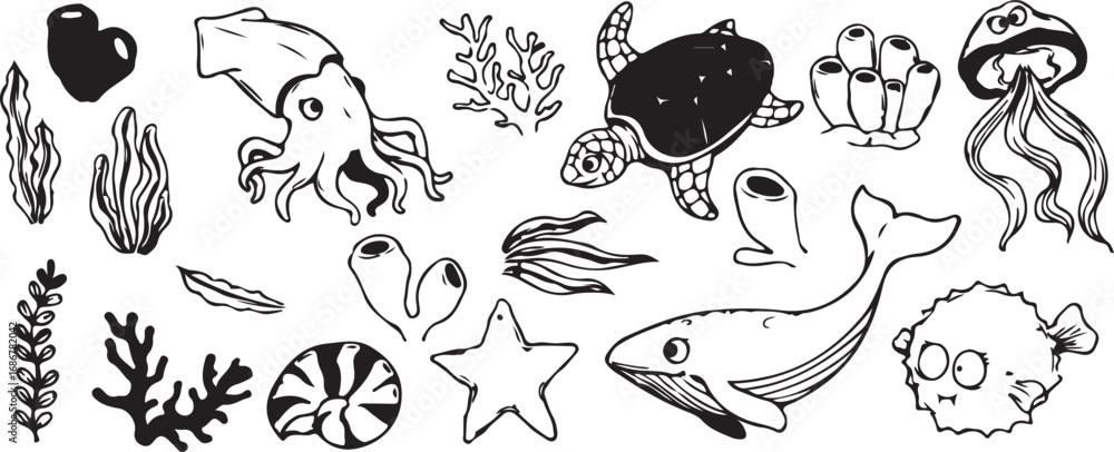 Naklejka premium Marine Life, Ocean Icons, Sea Symbols, Aquatic Patterns, Black White Art, Marine Graphics, Sea Elements, Ocean Icons, Aquatic Symbols, Vector Art, Marine Patterns, Sea Graphics, Ocean Designs, Aquatic