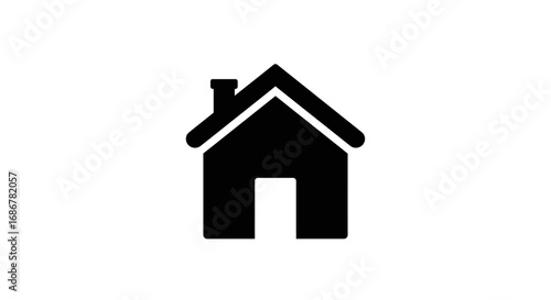Simple black silhouette icon of a house with a chimney and open doorway on white background