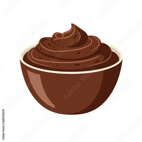 A delicious swirl of rich dark chocolate mousse or pudding in a brown bowl isolated on white