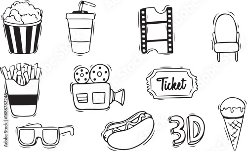 Cinema Movie Icons Set – Film, Ticket, Popcorn, Drink, Entertainment, Theater, Screen, Media, Hollywood, Performance, Art, Show, Acting, Production, Event, Leisure, Music, Pop Culture, Graphic