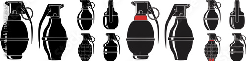 vector set of Image of an manual grenade isolated on blue background
