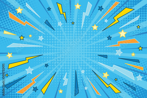 Comic Burst Background with Thunder Lightning. Blue Pop Art Comic Backdrop with lightning, stars and halftone effect for sale banner, event, poster, ads, webpage.