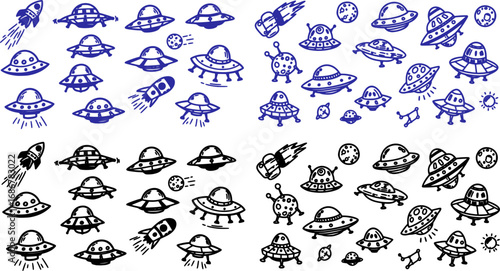 vector set of Space flying saucer. Doodle style
