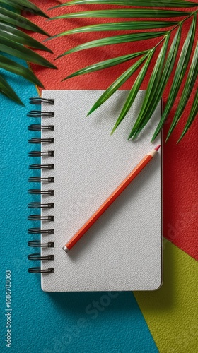 Brightly Colored Desk With a Blank Notebook and Pencil on Textured Paper.