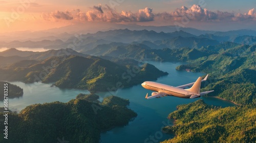 Wallpaper Mural airplane flying above lake mountains sunset Torontodigital.ca