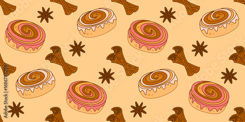 Seamless cinnamon roll pattern vector. Original strawberry flavors with cinnamon star anise spices. Cozy autumn dessert Illustration.
