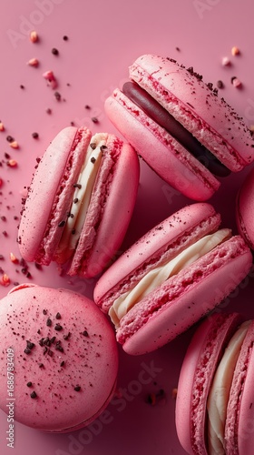 Delightful Assortment of Pink Macarons With Intricate Designs on a Pink Backg...
