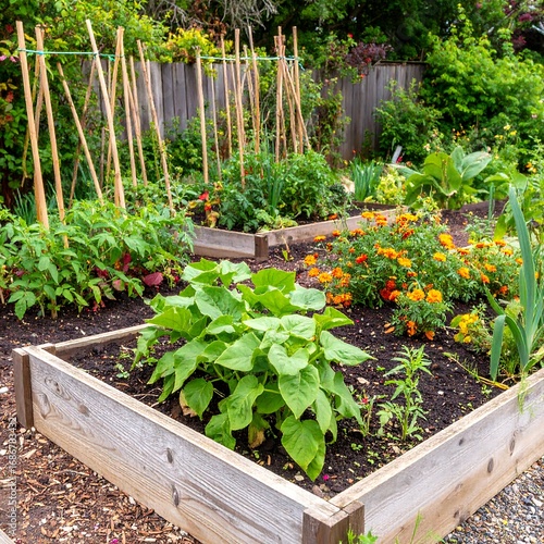 Vibrant raised garden beds filled with vegetables and flowers