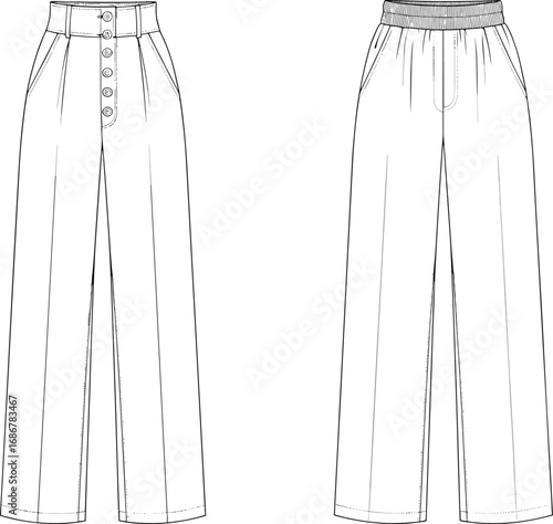 High waist button pants, elastic waistband trousers, front view flat sketch, technical fashion CAD drawing, vector apparel illustration template