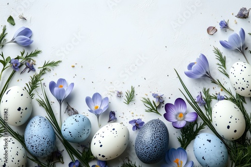 Spring Celebration With Pastel Eggs and Flowers on a White Background Creatin...
