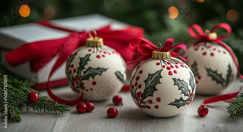 Holiday Decorations Featuring Beautiful Ornaments and Festive Gift Wrapping o...