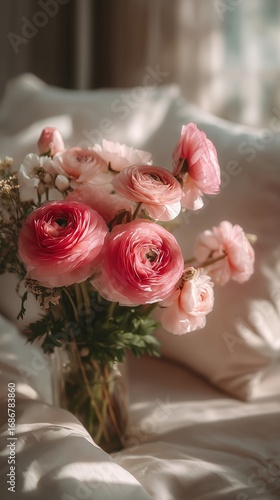 Beautiful Bouquet of Ranunculus Flowers on Soft Bedding in Morning Light
