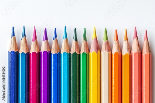 Vibrant Colored Pencils Arranged in a Straight Line on a White Background.