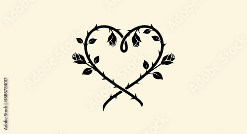 Intertwined thorny rose stems forming a love heart symbol.