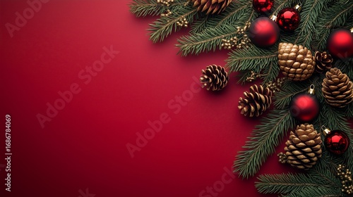 Decorative Christmas Arrangement With Pinecones and Ornaments on Vibrant Red ...