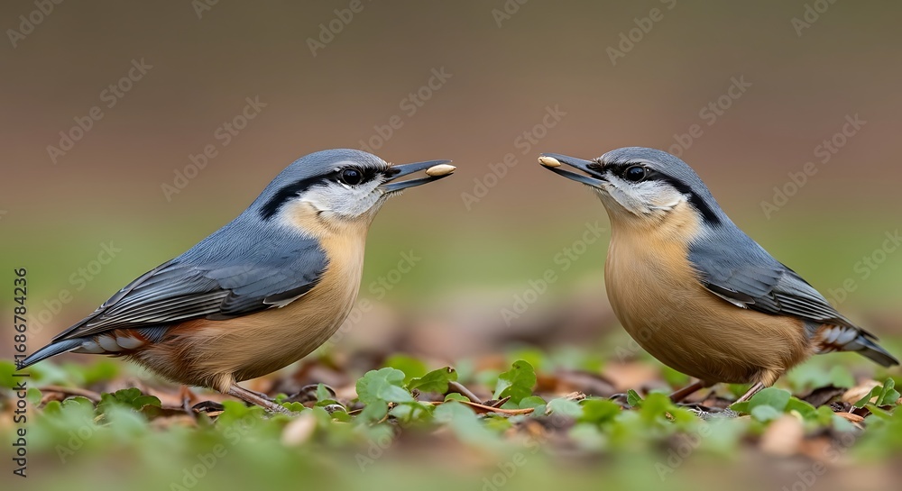 Fototapeta premium Nuthatches Sharing Seeds with Ground Level.