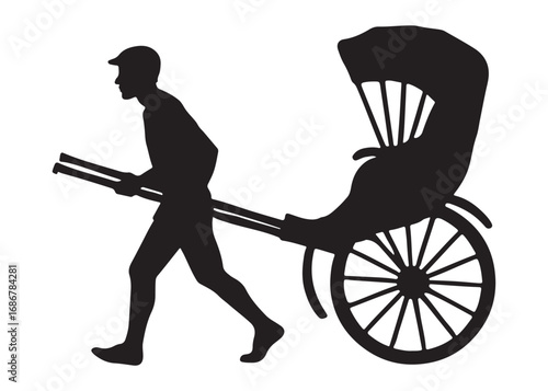 hand pulled rickshaw logo silhouette vector illustration, cycle rickshaw silhouette vector, transport pulled rickshaw vector logo, hand pulled rickshaw logo silhouette vector on white background.