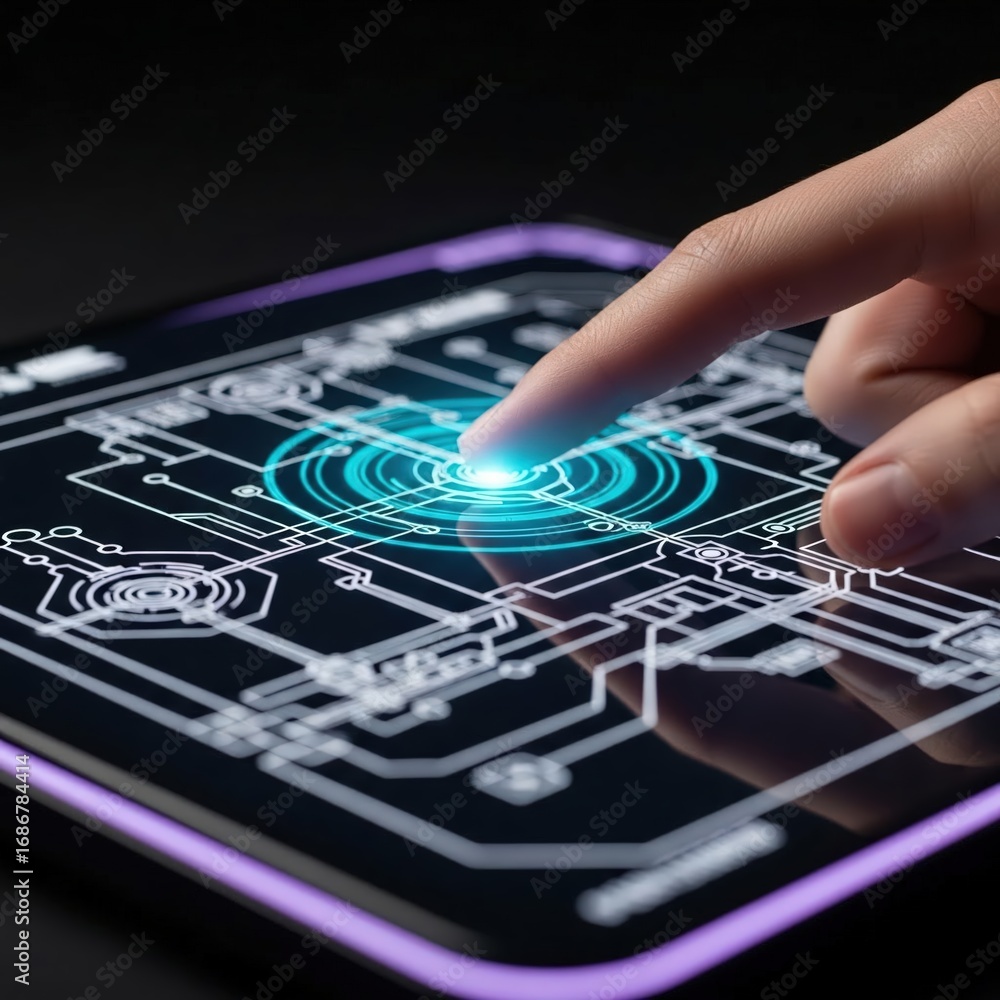 Fototapeta premium Finger Touching Futuristic Tablet Screen, Digital Interface, Technology