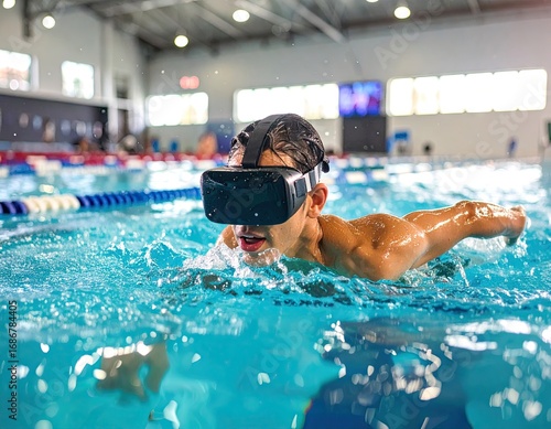 Young Man Swimming in Pool Wearing VR Headset