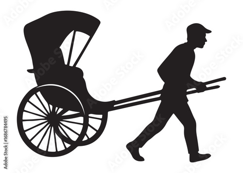 hand pulled rickshaw logo silhouette vector illustration, cycle rickshaw silhouette vector, transport pulled rickshaw vector logo, hand pulled rickshaw logo silhouette vector on white background.