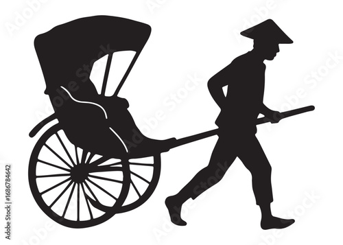 hand pulled rickshaw logo silhouette vector illustration, cycle rickshaw silhouette vector, transport pulled rickshaw vector logo, hand pulled rickshaw logo silhouette vector on white background.