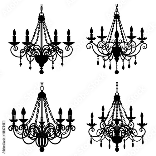 Four elegant chandelier silhouettes featuring intricate designs and classic candle style light fixtures