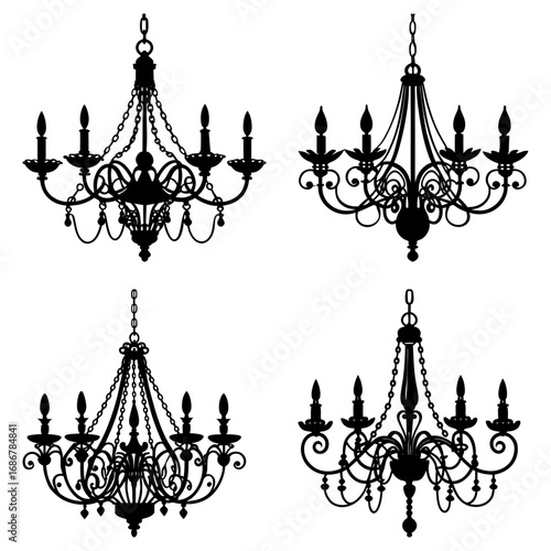 Four ornate chandeliers with multiple candle holders hanging from chains in a black silhouette style