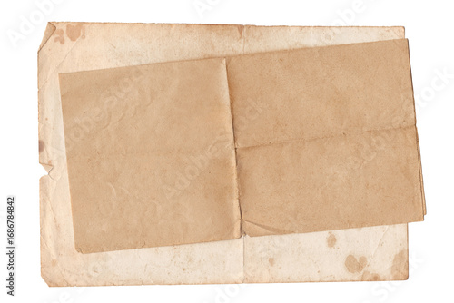 Overlapping Antique Papers. Two Aged Stained Sheets, Vintage Folded Pages and Retro Textures, Top View Isolated on White Background