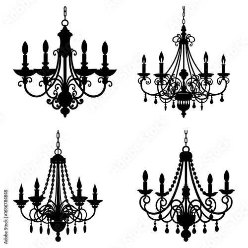 Four ornate chandeliers in black silhouette with intricate designs and multiple candle style light fixtures