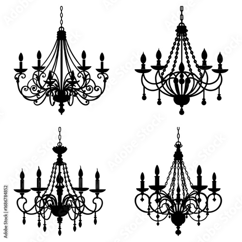 Four elegant chandeliers with intricate designs and multiple candle holders in a black silhouette style
