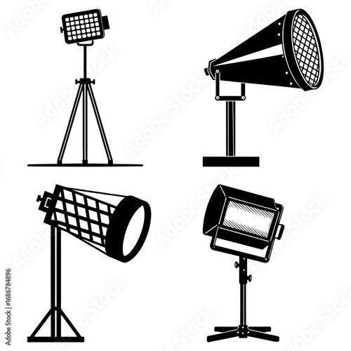 Illustration showing four different types of studio lighting equipment in a black and white style