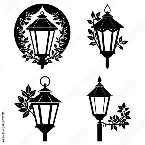 Four black and white vintage style street lamps with foliage in various decorative arrangements