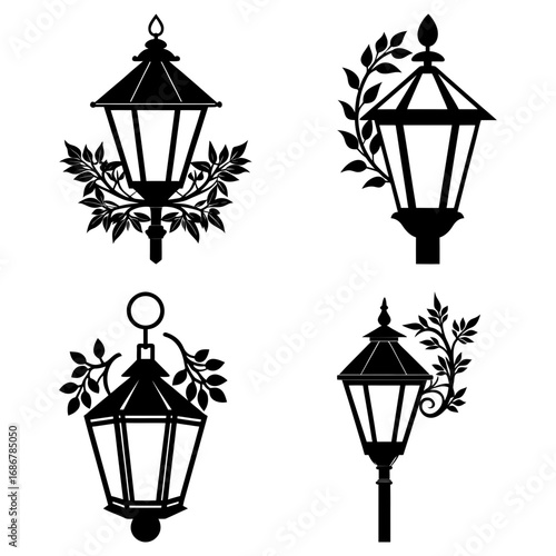 Collection of four ornate street lamps with leafy accents in black and white vector format design