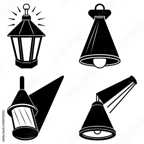 Illustration showing four different types of black and white lamps with varying designs and light sources
