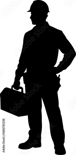 Construction Worker Holding Toolbox Silhouette Vector Illustration