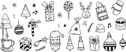 Holiday Celebration Doodles with Gifts and Decorations, Whimsical Design, Black and White, Playful, Creative, Artistic, Illustrated, Expressive, Unique, Joyful, Festive, Cheerful, Seasonal, Christmas-