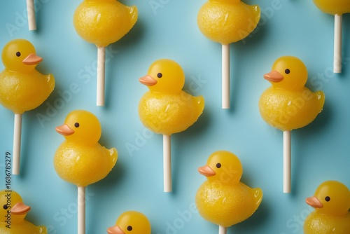 Bright Yellow Duck-Shaped Candies Arranged on a Blue Background for Decoratio...
